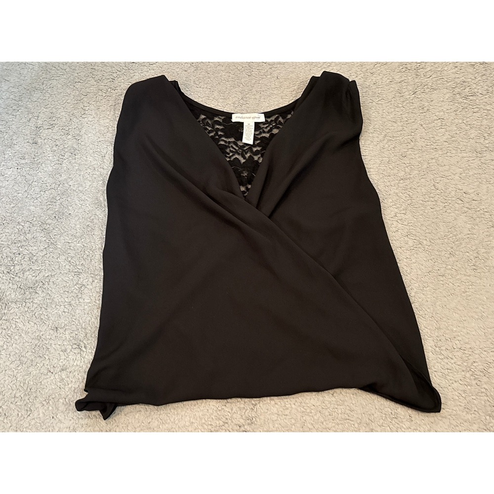 Ambiance Apparel Black Lace Racerback Wrap Front Sleeveless Blouse Medium 63789